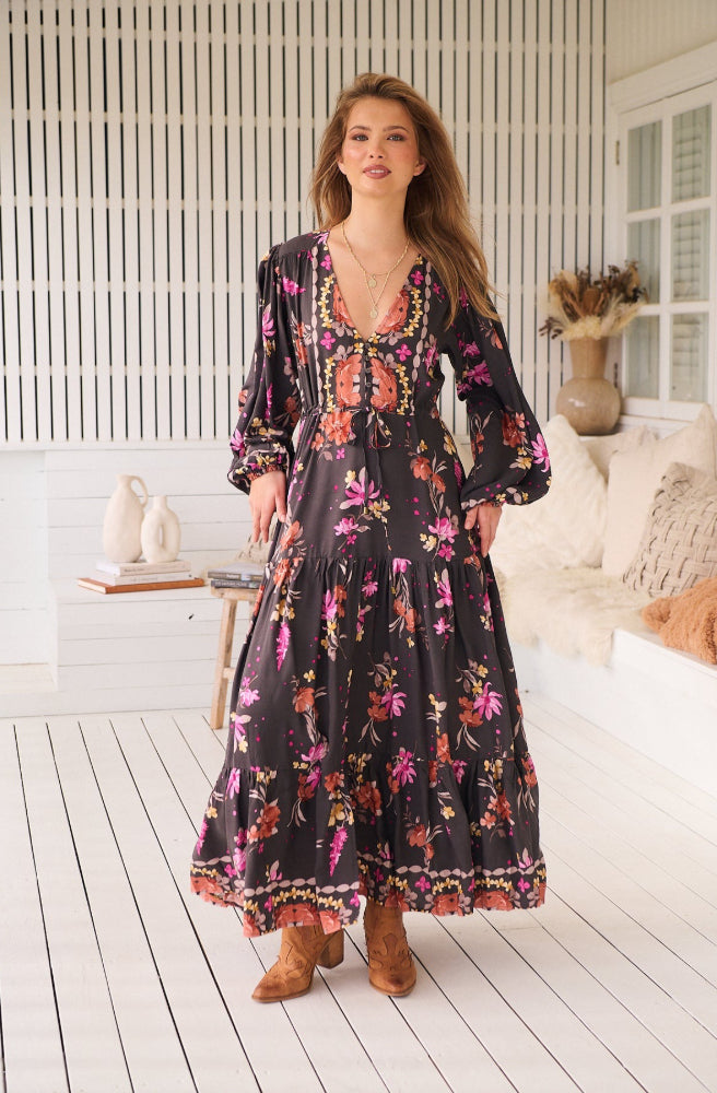 Jaase Monarch Bloom Print Teresa Maxi Dress, Boho Womens Long Sleeve Maxi 