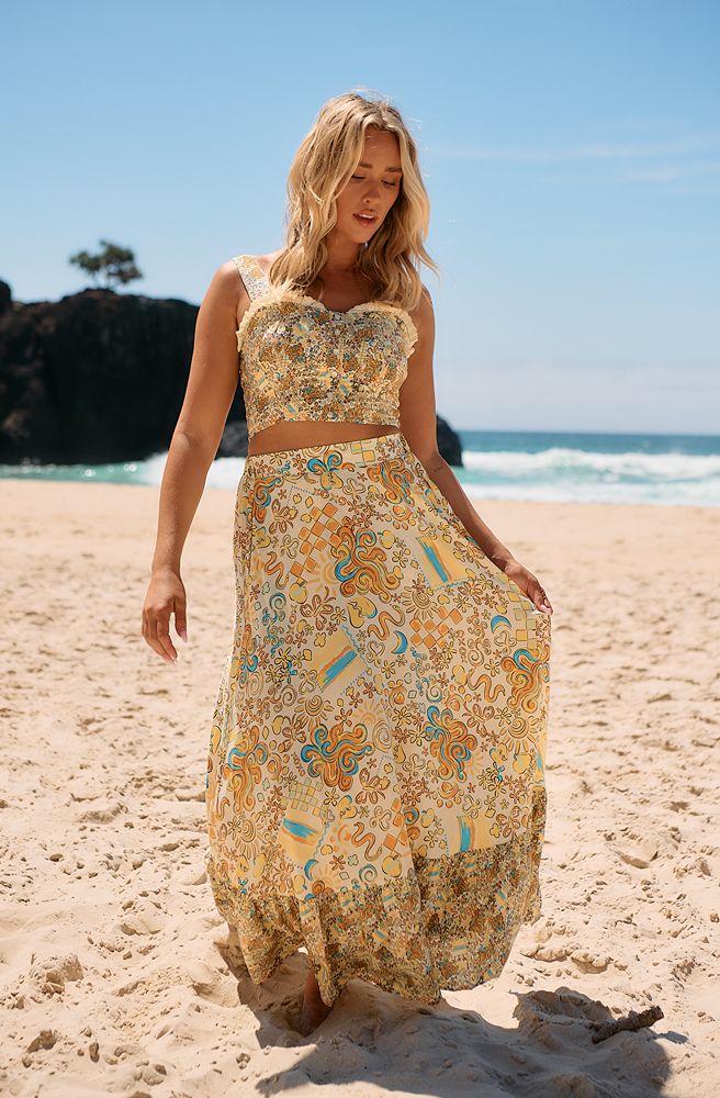 Jaase Sonnie Print Holiday Skirt, Boho Floral Maxi Skirt in Earthy Tones