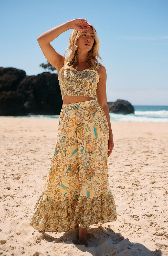 Jaase Sonnie Print India Bustier Top, Boho Floral Crop Top with Tie Straps