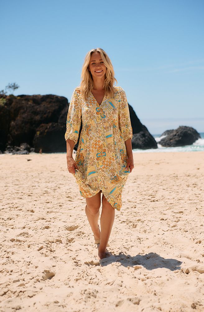 Jaase Sonnie Print Jayme Dress, Front View of Relaxed Fit Maxi with V-Neckline