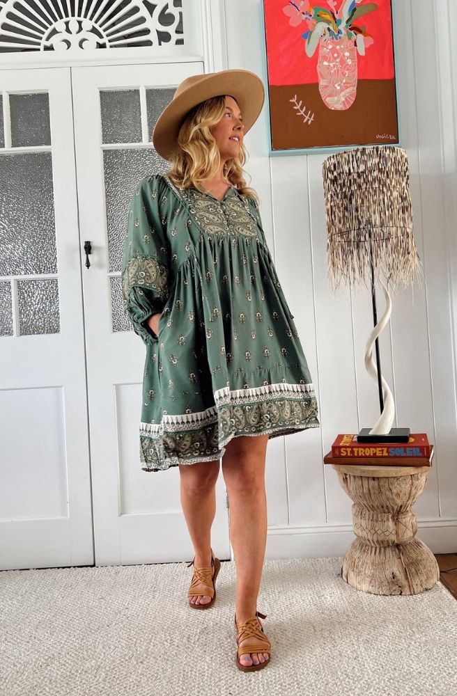 Jaase Viridian Print Adela Mini Dress, Smock Style, 3/4 Sleeves and Pockets