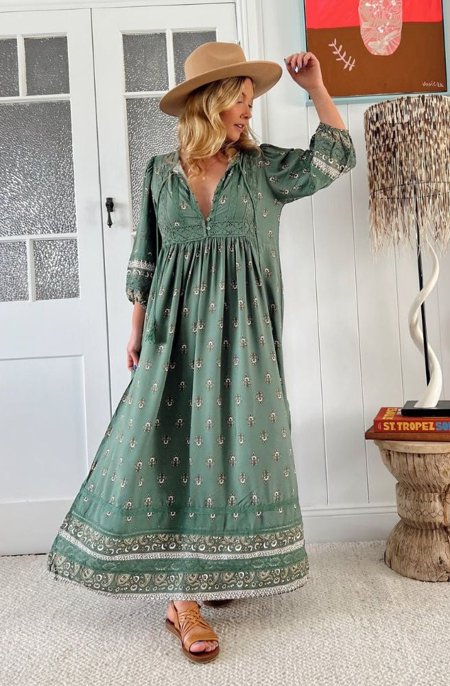 Jaase Viridian Print Meadow Maxi, Women's Boho Resort Style Maxi Dress