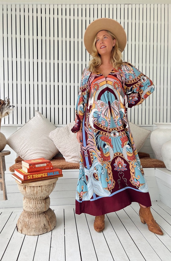 Jaase Wild Hearts Print Winter Bree Maxi, Women's Kimon Style Kaftan Dress