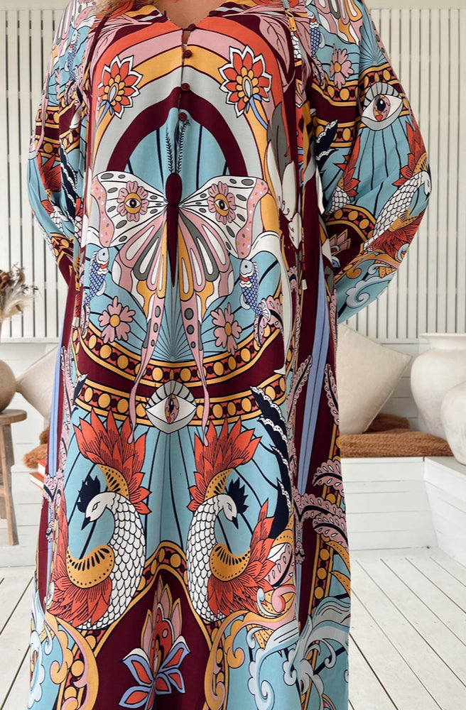Jaase Wild Hearts Print Winter Bree Maxi, Close up of print detail - butterfly and peacocks
