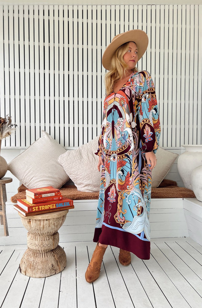 Jaase Wild Hearts Print Winter Bree Maxi, Boho Festival Kaftan Style Dress