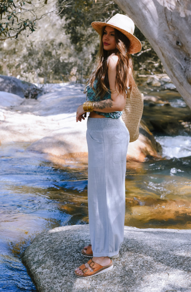 Kesh Pants Slatey Blue, Side View, Shirred Waistband