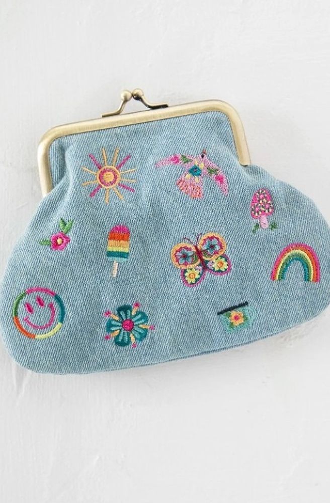 Kisslock Coin Purse Denim Icons, Embroidered Rainbow and Butterfly Design
