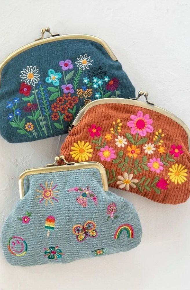 Kisslock Coin Purse Denim Icons, Boho Embroidered Denim Purse with Floral Motifs