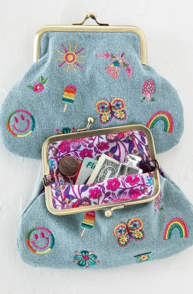 Kisslock Coin Purse Denim Icons, Retro Floral Print Lining with Kisslock Clasp