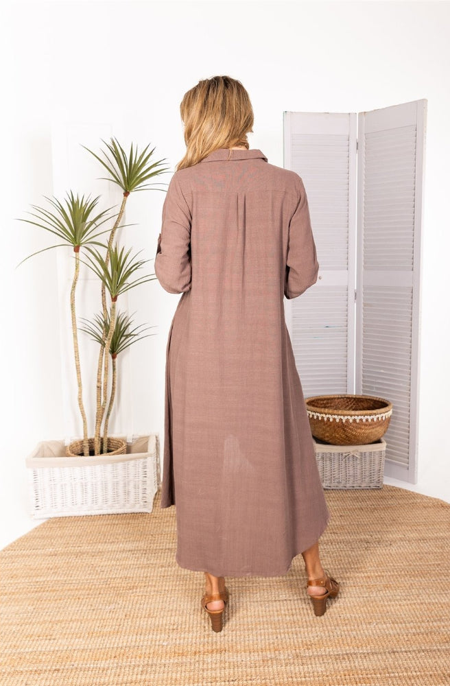 Elea Long Shirt Dress Choc, Rear View