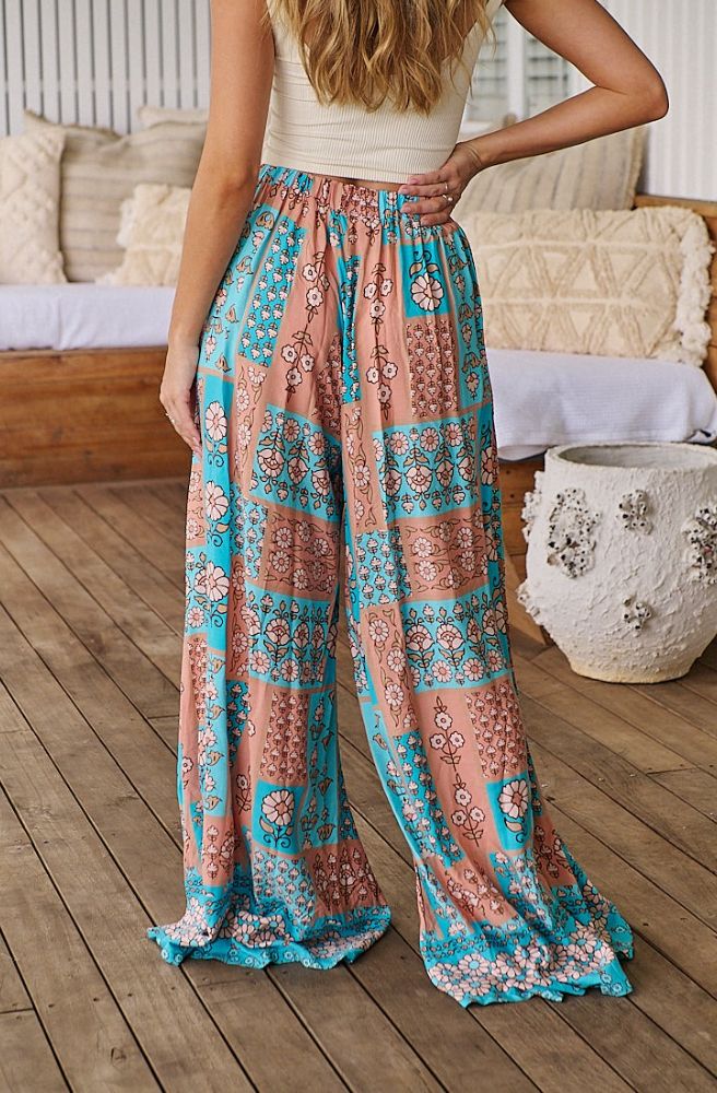 boho womens long pants wide leg turquoise floral print