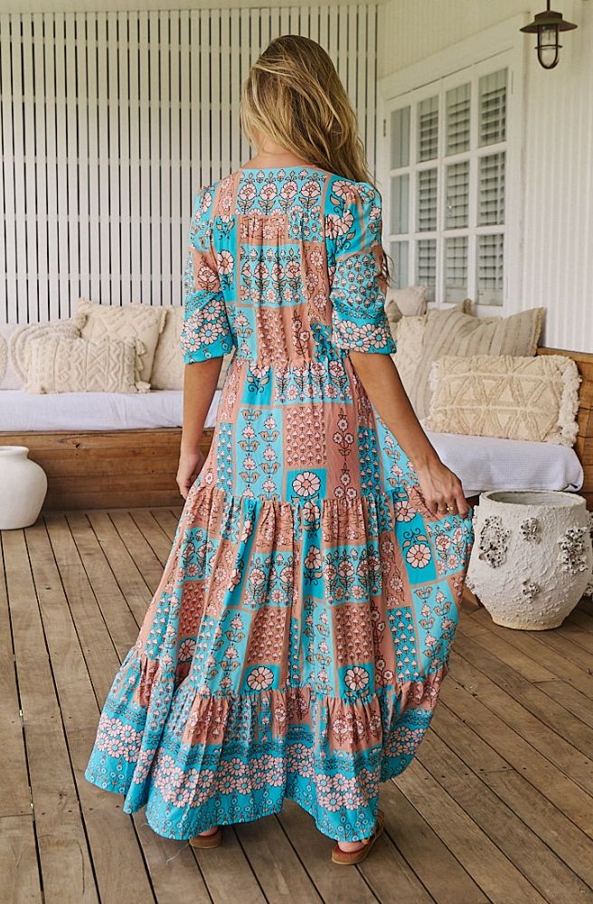 boho maxi dress floral patchwork print turquoise mocha