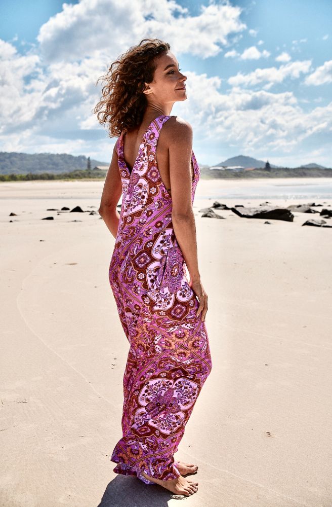 womens summer boho jumpsuit pink cosmic print