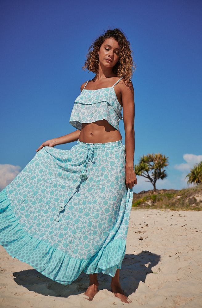 womens summer maxi skirt aqua floral print