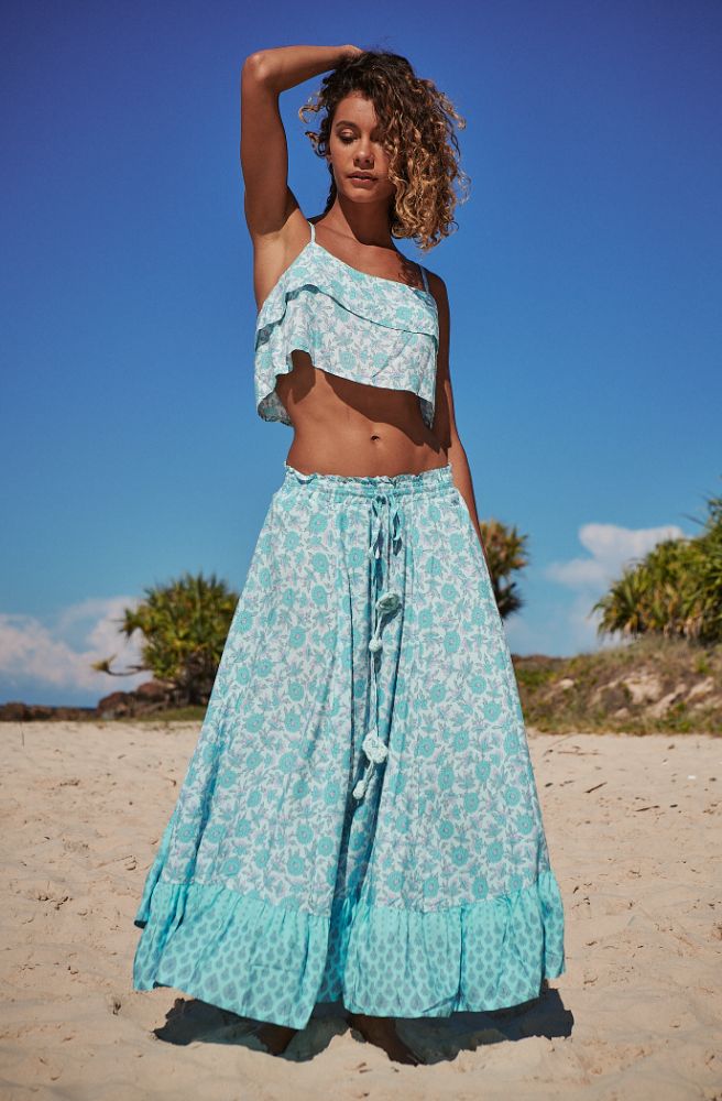 boho clothes for women summer maxi skirt aqua floral