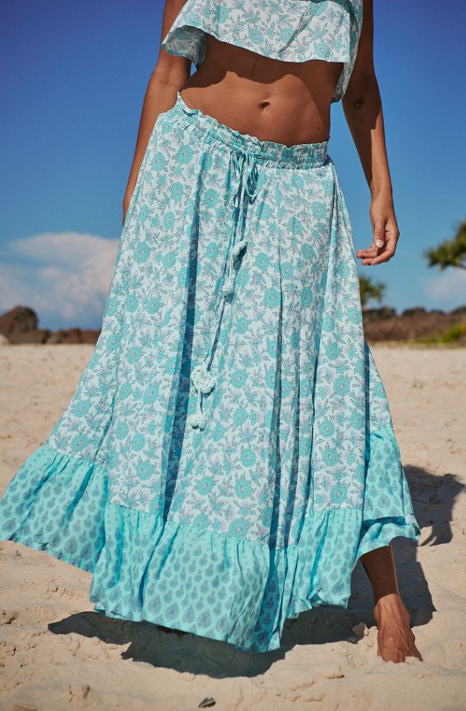 full length maxi skirt blue turquoise floral boho print