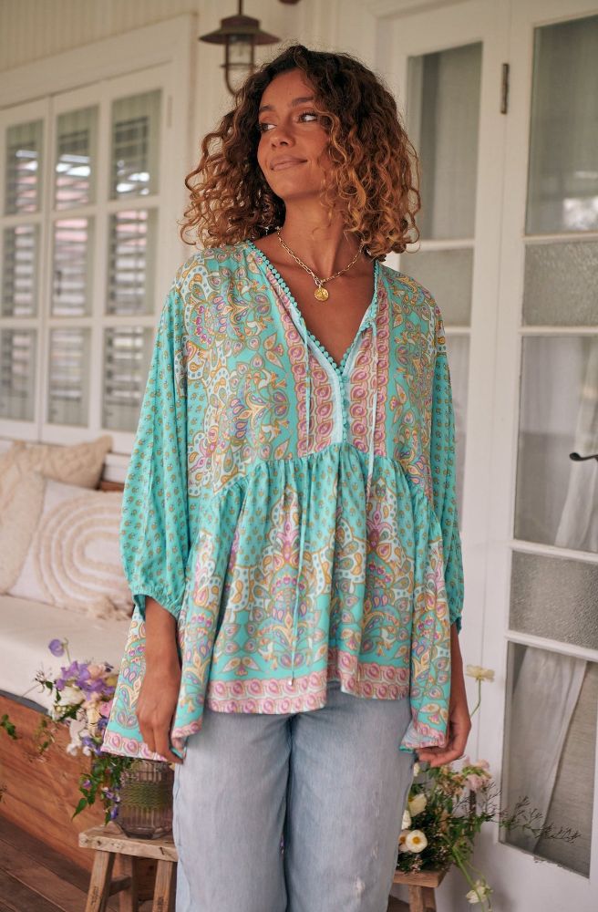 bohemian womens top oversized style turquoise indian print