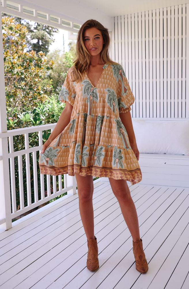 Jaase Sahara Sunset Print Petal Mini Dress, Boho Style