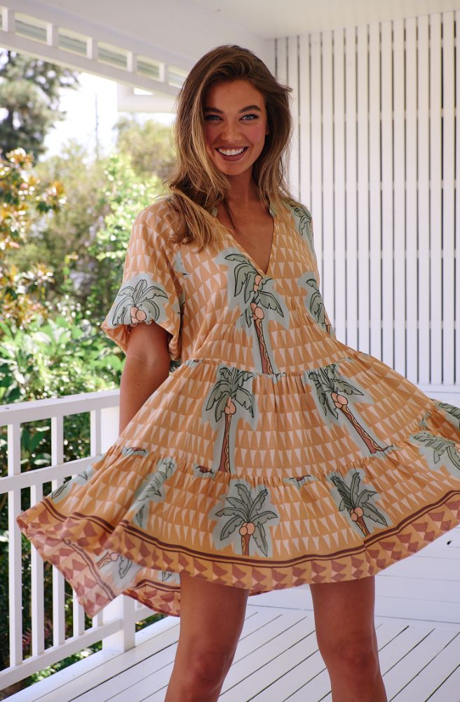 Jaase Sahara Sunset Print Petal Mini Dress, Tiered Smock Style