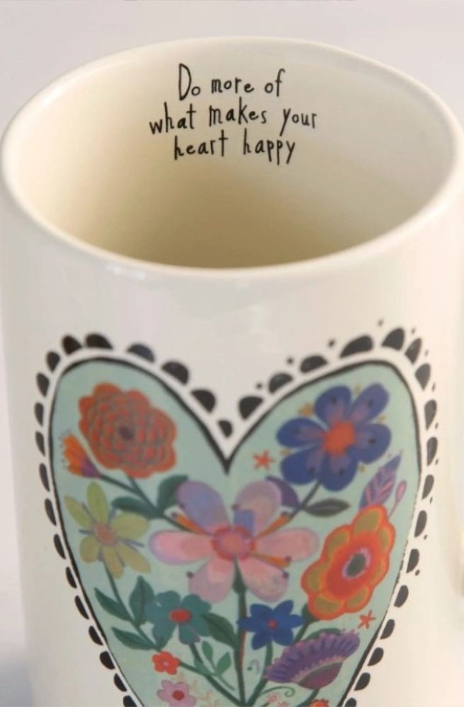 Latte Mug Heart Do More Heart Happy, Cream coloured mug with floral heart design and motivational quote 