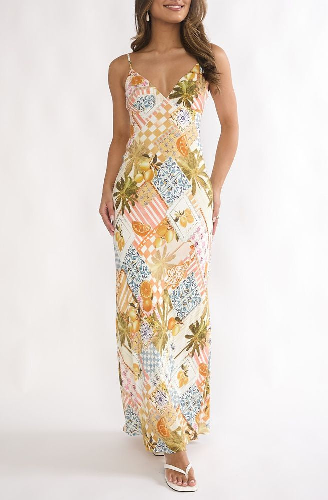 Limoncello Patchwork Slip Maxi Dress, Long off-white slip dress with tropical patchwork print of lemons