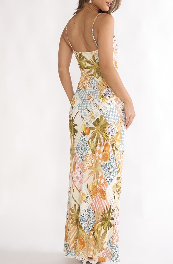 Limoncello Patchwork Slip Maxi Dress, Full-length back view of off-white tropical slip dress with straps