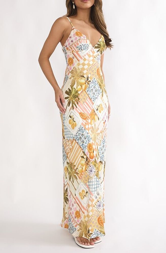 Limoncello Patchwork Slip Maxi Dress, Full-length back view of off-white tropical dress