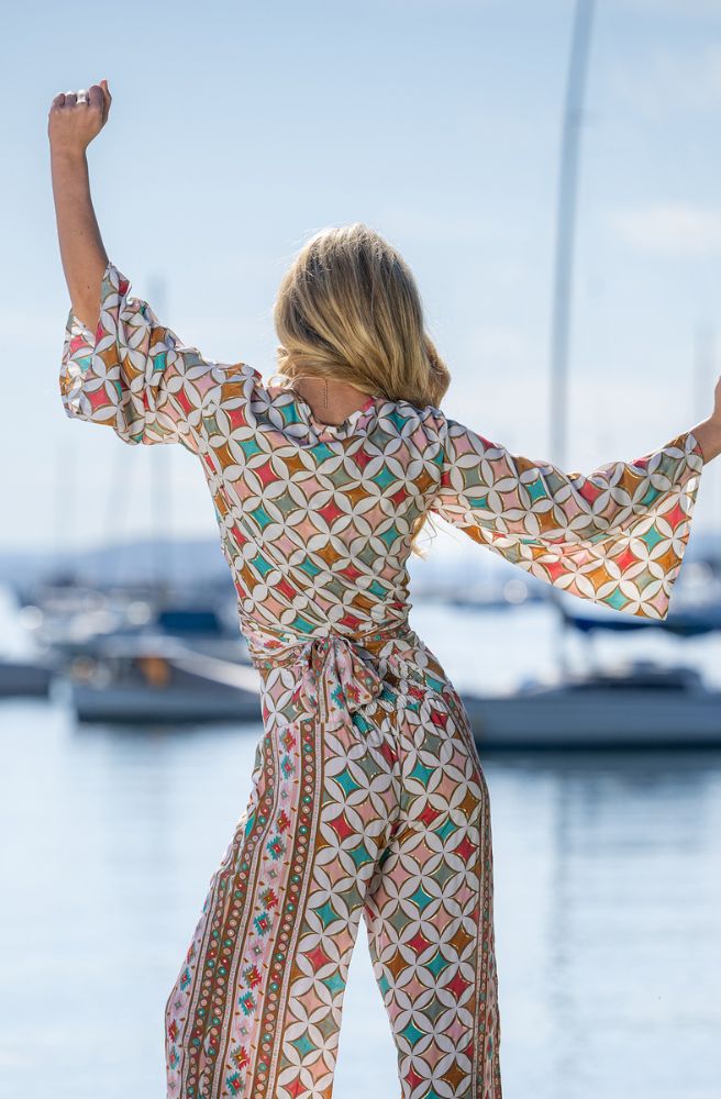 Maris Tie Top, Rear View with Wrap Tie and Long Flared Sleeves