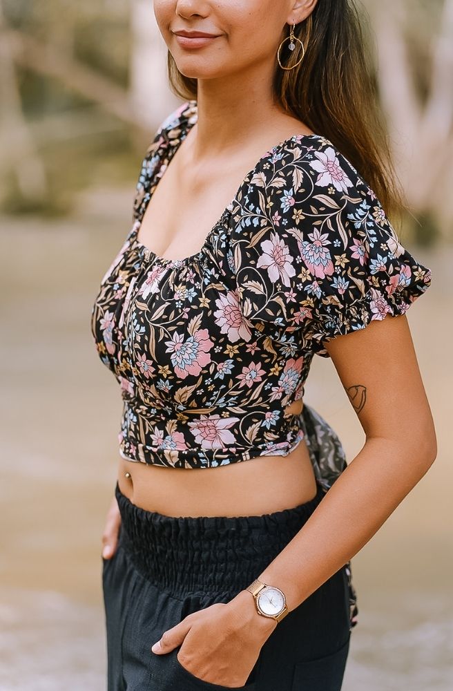 Midnight Essence Lauren Top, Side View Square Neckline and Puffy Sleeves