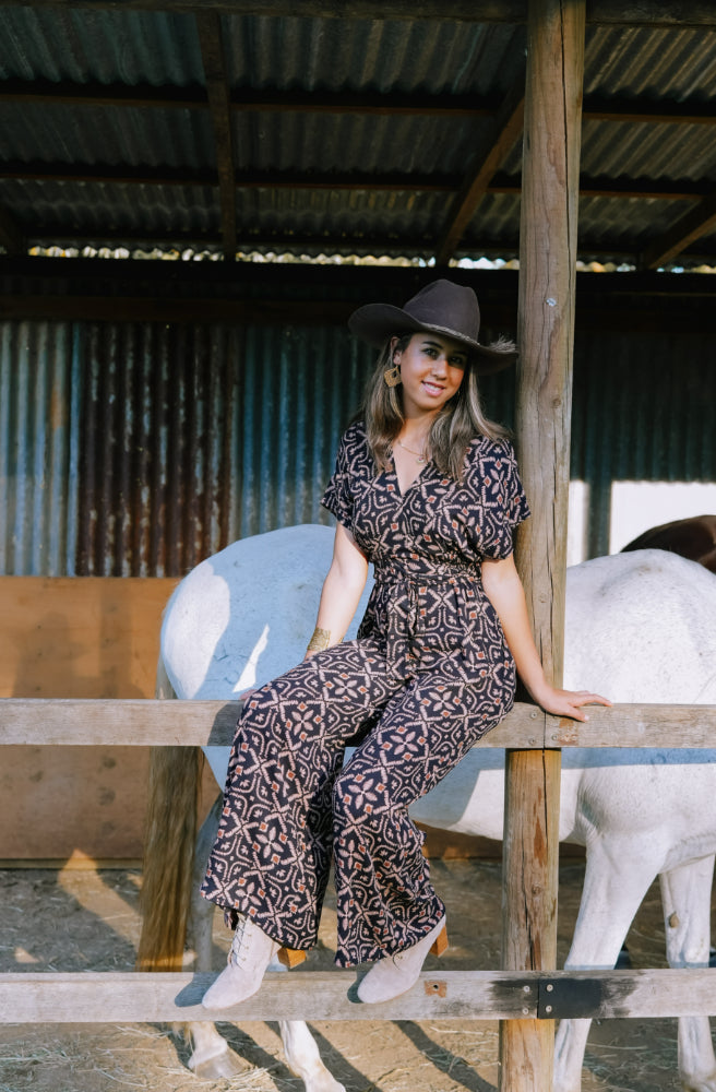 Midnight Tapestry Aura Pantsuit, Short Sleeves, V Neckline