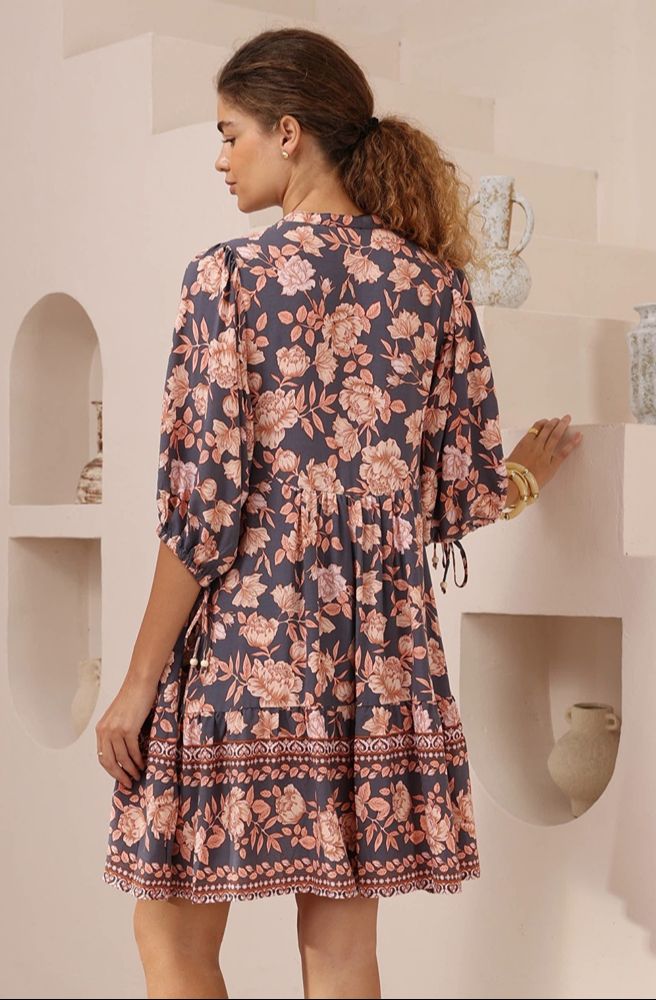 Navy Print Baby Doll Dress, Rear View with Floral Pattern