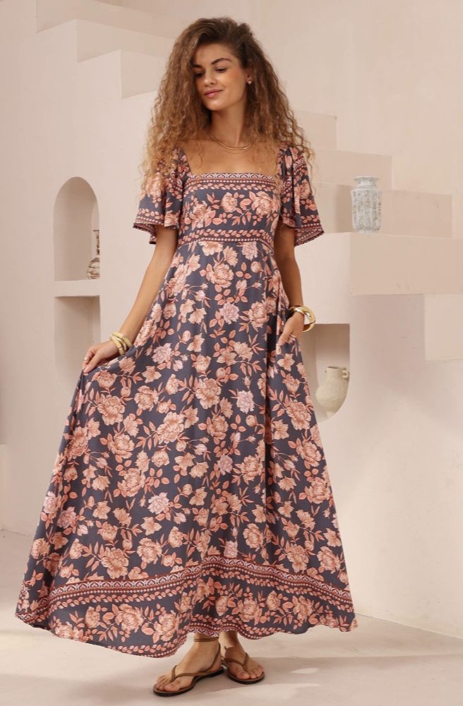 Navy Print Maxi Dress, Boho Resort Style Women’s Maxi with Pockets