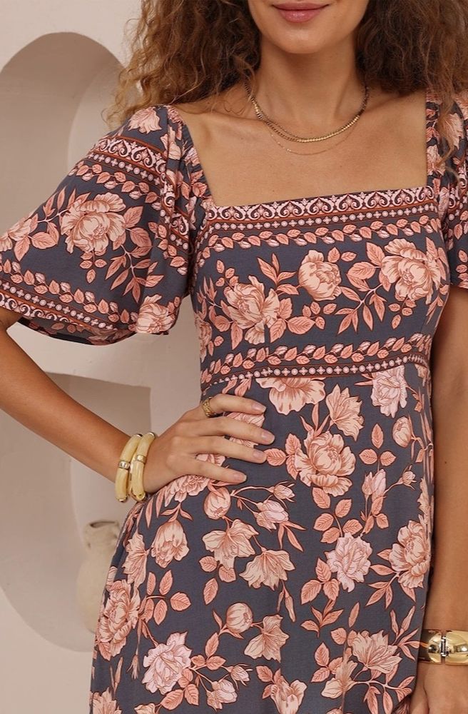 Navy Print Maxi Dress, Square Neckline with Short Sleeves