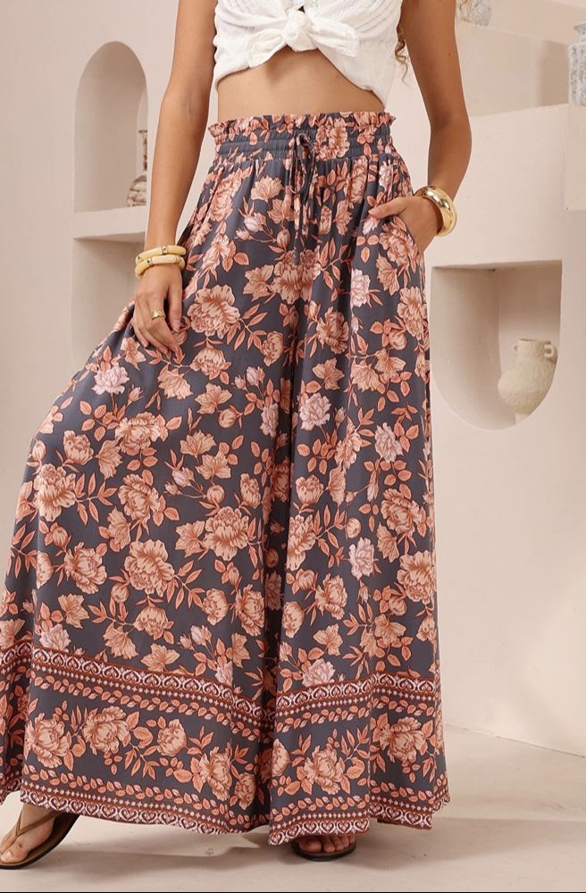 Navy Print Maxi Pants, Floral Print Wide Leg Pants in Rayon Fabric