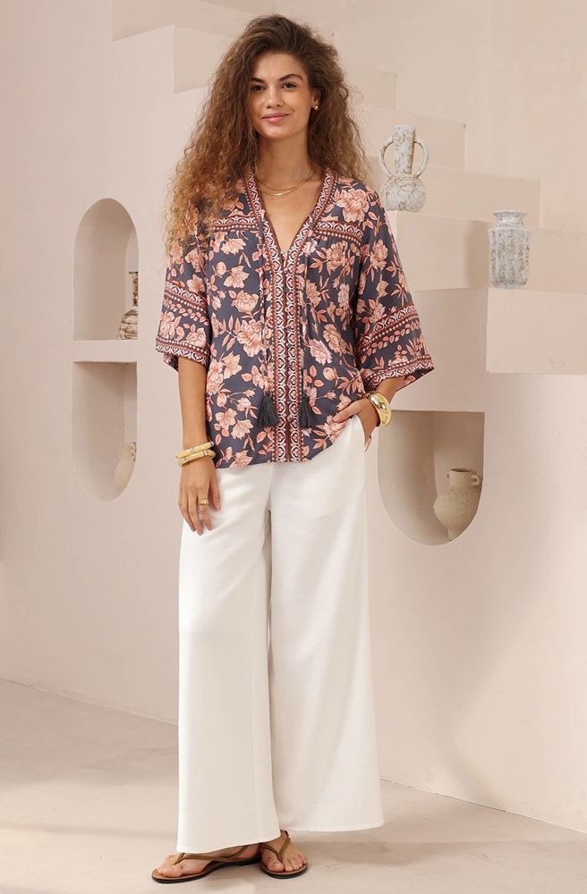 Navy Print Top, Relaxed Fit Boho Resort Style Women’s Blouse