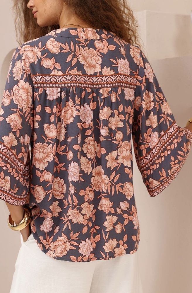 Navy Print Top, Floral Boho Blouse Rear View