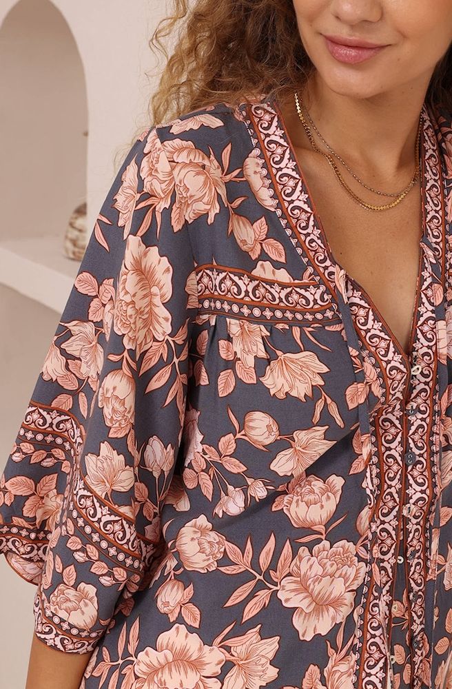 Navy Print Top, V-Neckline with Tassel Tie Detail