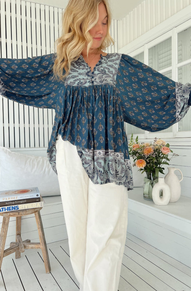 Jaase Nico Print Paloma Blouse, Dark Teal Print