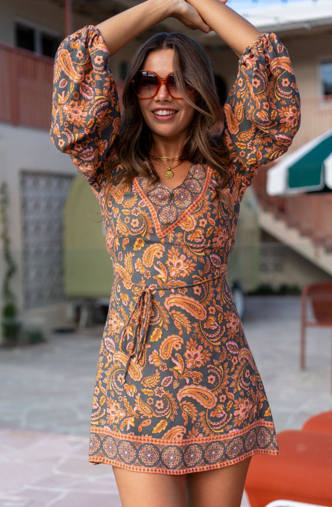 Paisley Print Goldie Tunic, Full Length Puff Sleeves