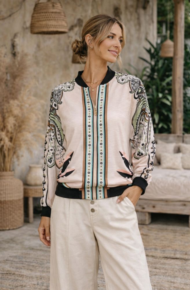 Palm Rio Bomber Jacket, Front view centre gold zip with pockets