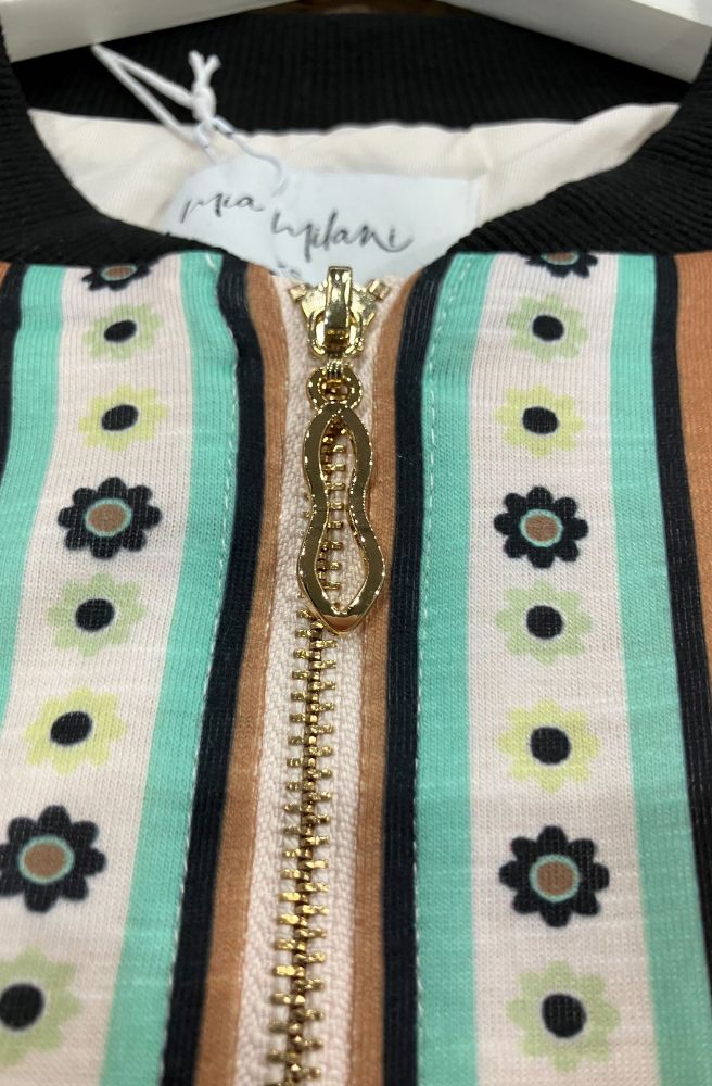 Palm Rio Bomber Jacket, Detail of fabric and gold zip at front