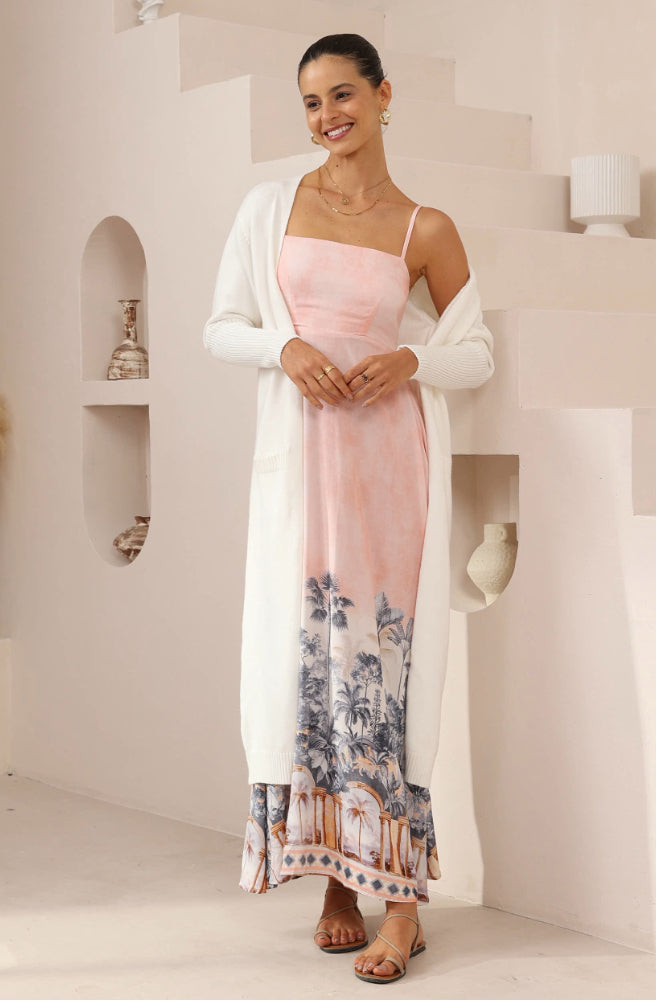 Palma Rosa Maxi Dress, Fitted Bust with Shirred Back, Full Length Maxi
