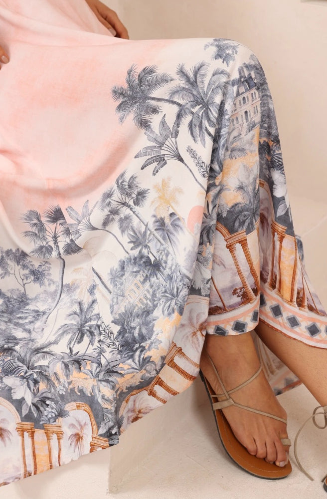 Palma Rosa Maxi Dress, Close Up Print Detail, Palm Trees and Arches