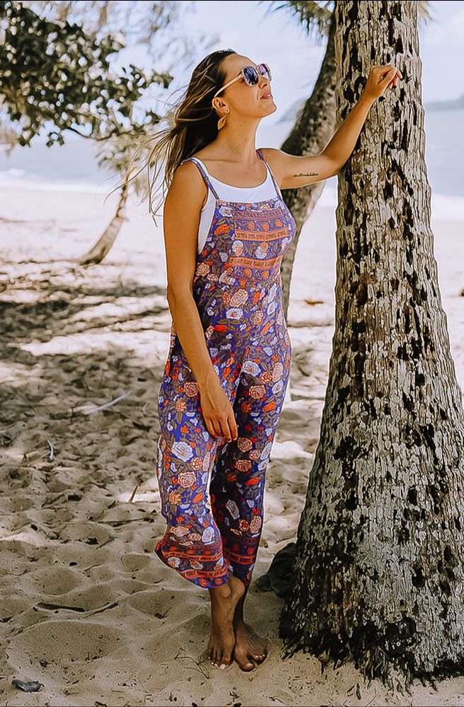 Passionate Transit Overalls, Purple and Orange Rose Print with Border Placement