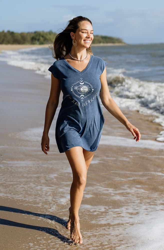 Phase Short Tee Dress Blue, Capped Sleeves Stonewashed Finish