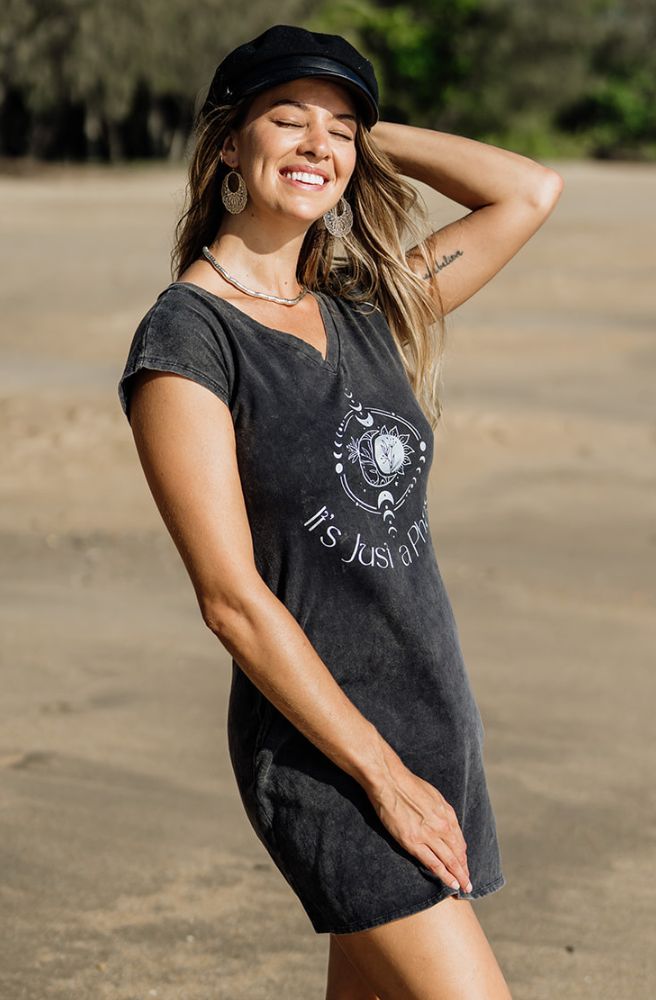 Phase Short Tee Dress Charcoal, Women's Boho Style Mini Dress