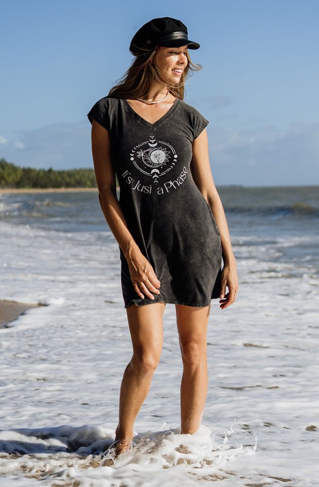 Phase Short Tee Dress Charcoal, Super Comfy Stretch Cotton Lycra Blend
