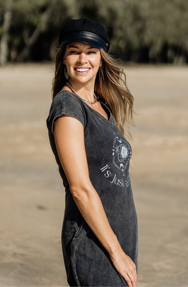 Phase Short Tee Dress Charcoal, V Neckline and Pockets