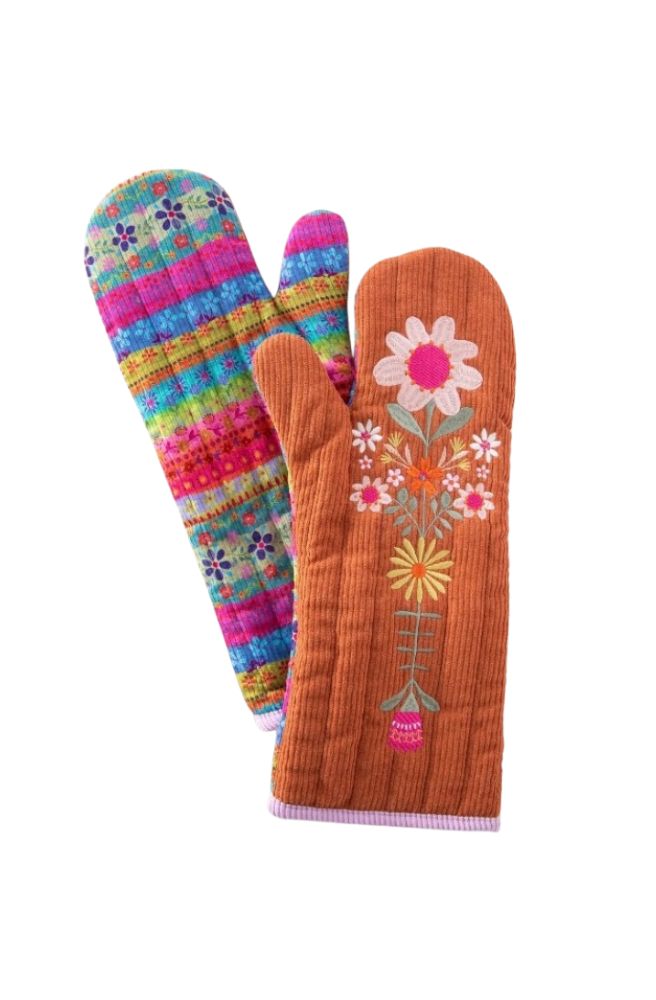 Quilted Oven Mitt Bake Happy Rust Floral, Folk Art Floral Embroidery