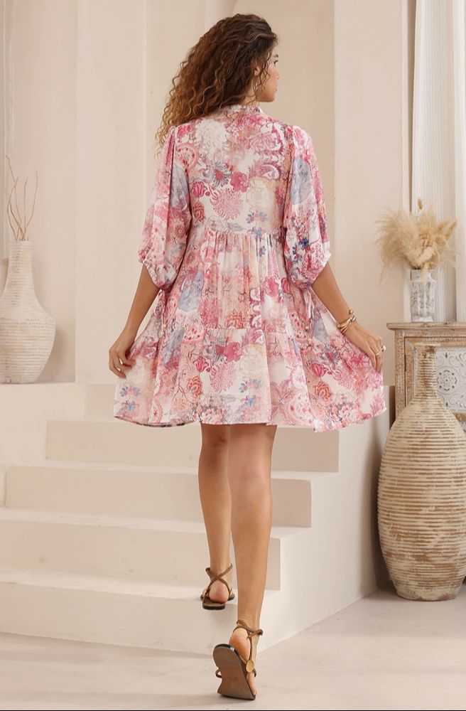 Rosabella Babydoll Dress, Rear View of Boho Babydoll Dress with Ruffle Hem